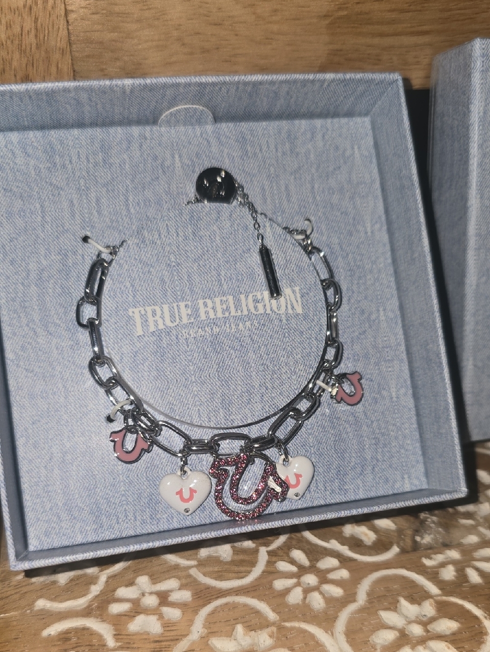 True Religion Silver Chain Bracelet with Pink & White Charms